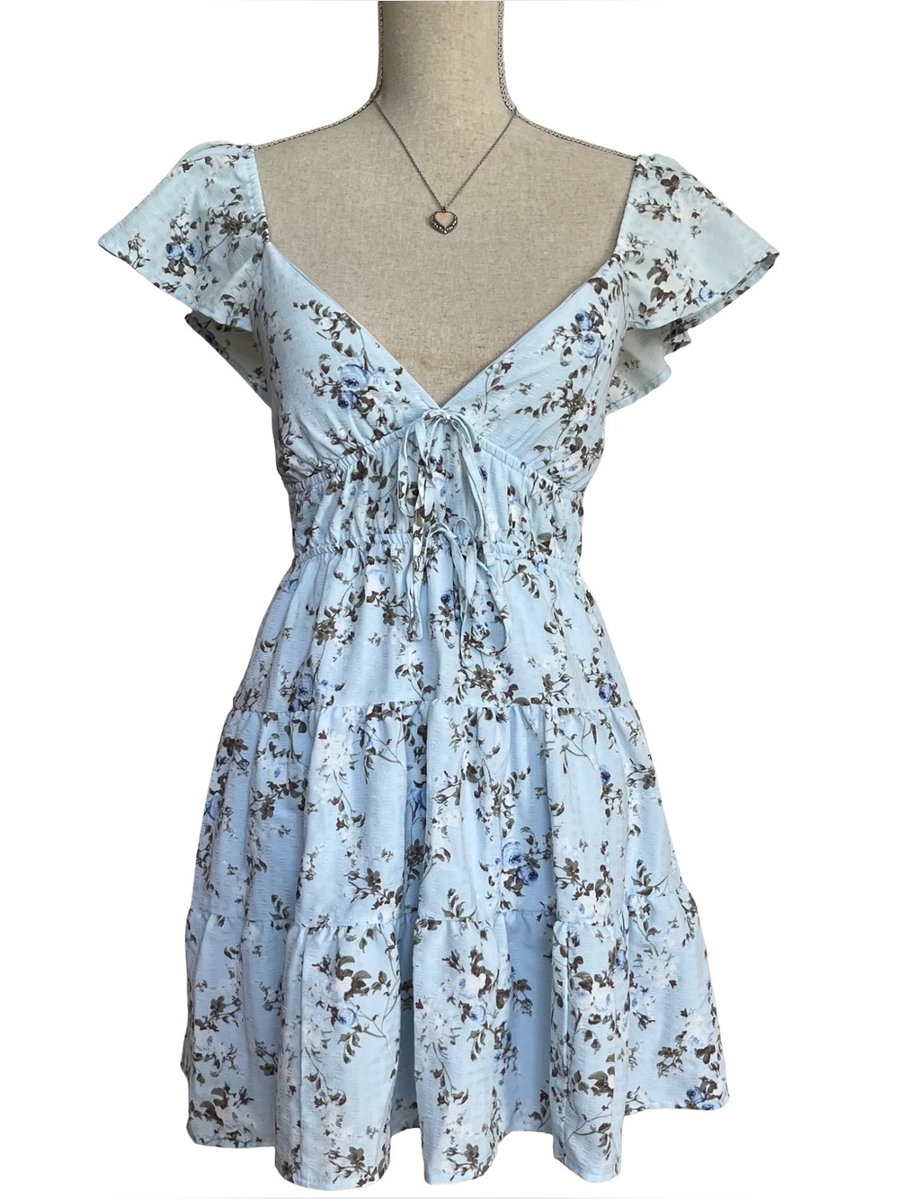 Sky Blue Floral Tie-Front Mini Dress